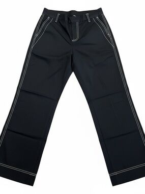 Black Wide-Leg Trousers with White Contrast Stitching
